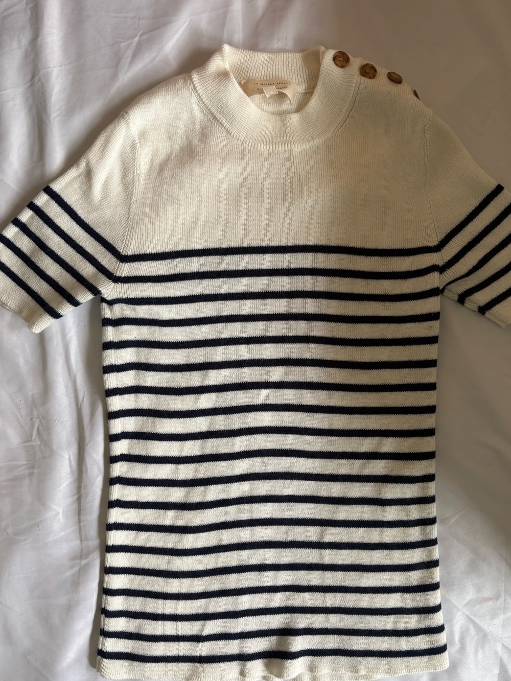 Sezane Cream and Navy Striped Short Sleeve Knit Top with Shoulder Buttons